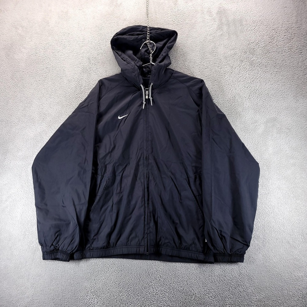 VTG Nike Jacket Mens M Black Hooded Full Zip Windbreaker Nylon Lined Athletic